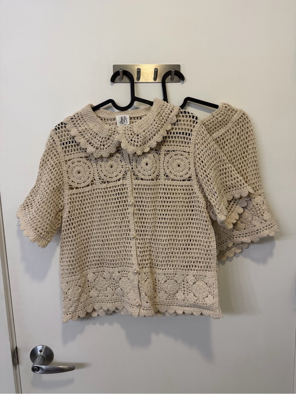 95% Cotton, Cream Crochet Short-Sleeve Button-Up set, Peter Pan Collar